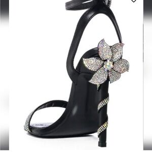 Black Strappy Heels with Rhinestone Flower Accent